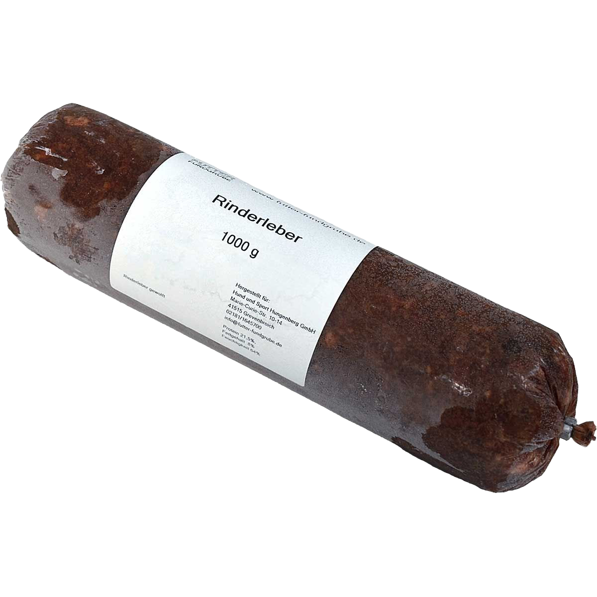 Eine Frostfleischrolle mit weißem Etikett und der Aufschrift „Rinderleber“. Verpackt in einem nicht essbaren Kunstdarm. Die Füllung ist fein gewolft und dunkelbraun.