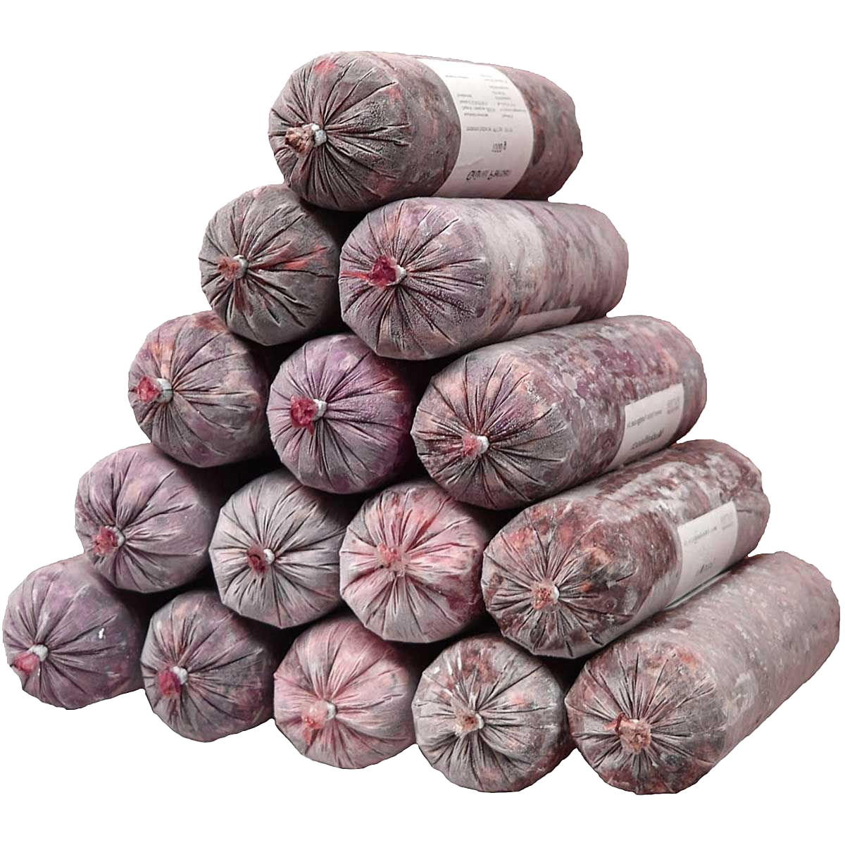 Eine Frostfleischrollen-Pyramide aus 15 runden Rollen in graulila Kunstdarm. Die Füllung ist rötlich und von weißen Eiskristallen überzogen. Verpackt in nicht essbarem Darm.