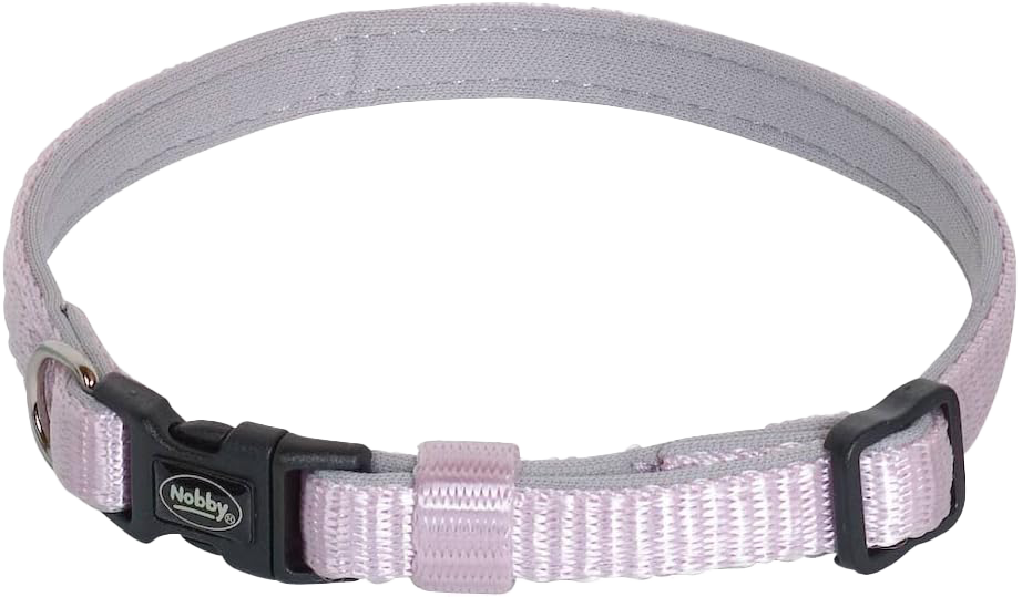 Fliederfarbenes Hundehalsband mit schwarzer Kunststoffschnalle, verstellbarem Gurt, Metall-D-Ring und Markenaufdruck ‚Nobby‘ auf der Schnalle.
