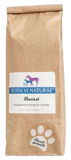 Braune Papiertüte mit Etikett, darauf Illustration eines lilafarbenen Pferdes, eines blauen Hundes und einer blauen Katze, unten weiße Pfote mit Schriftzug.