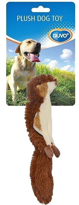 Plüsch-Hundespielzeug in Erdhörnchen mit braun-weißem Fell und buschigem Schwanz, befestigt an Verpackung mit Hundebild und Himmel.