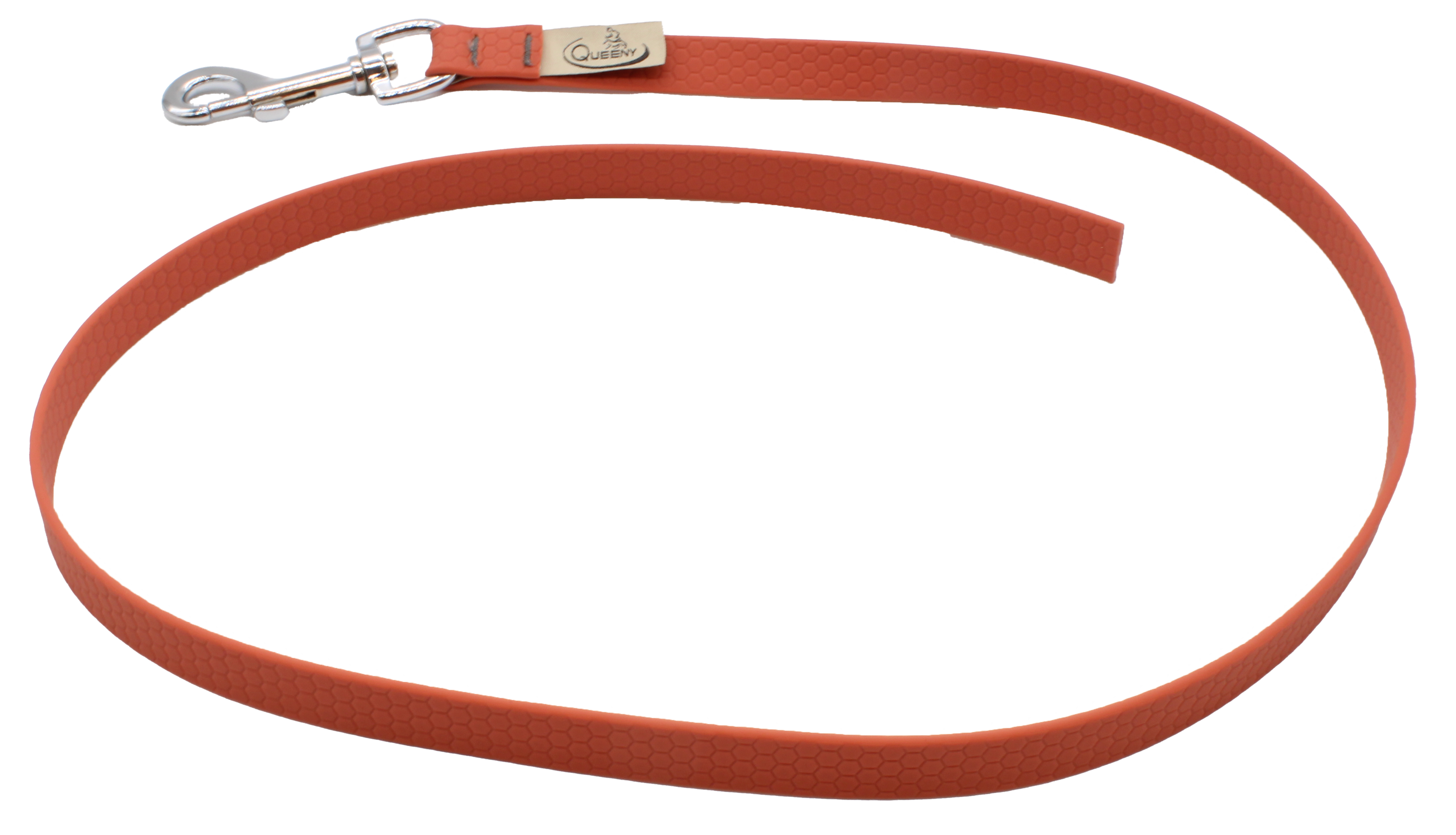 Hundeleine in aprikosenbrauner Farbe mit strukturierter Oberfläche, Metallkarabiner am Ende und kleinem Label nahe dem Verschluss.