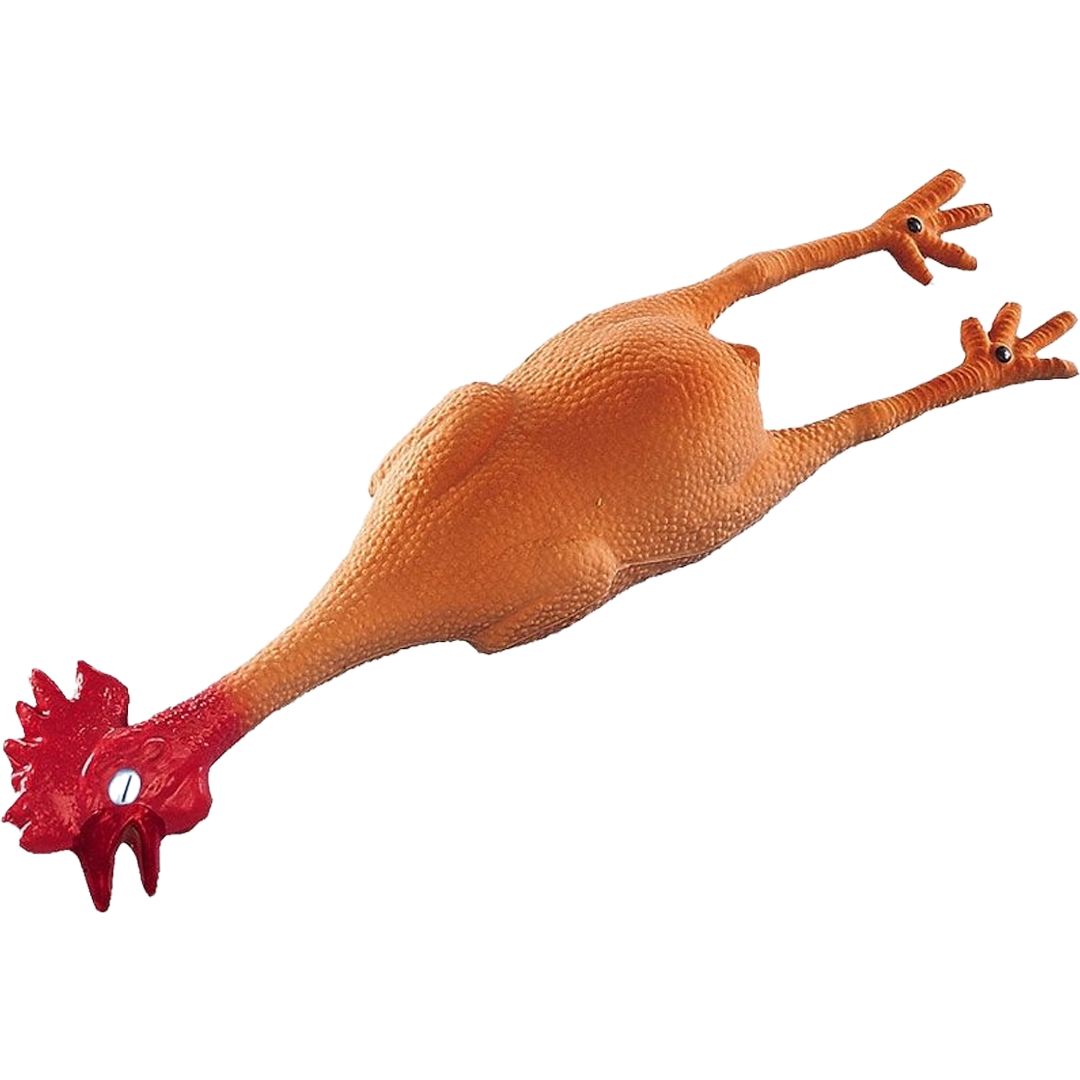 Orangefarbenes Gummihuhn mit rotem Kamm und Kehllappen, länglich verzerrt mit ausgestreckten Beinen, strukturierte Oberfläche erinnert an Hühnerhaut.