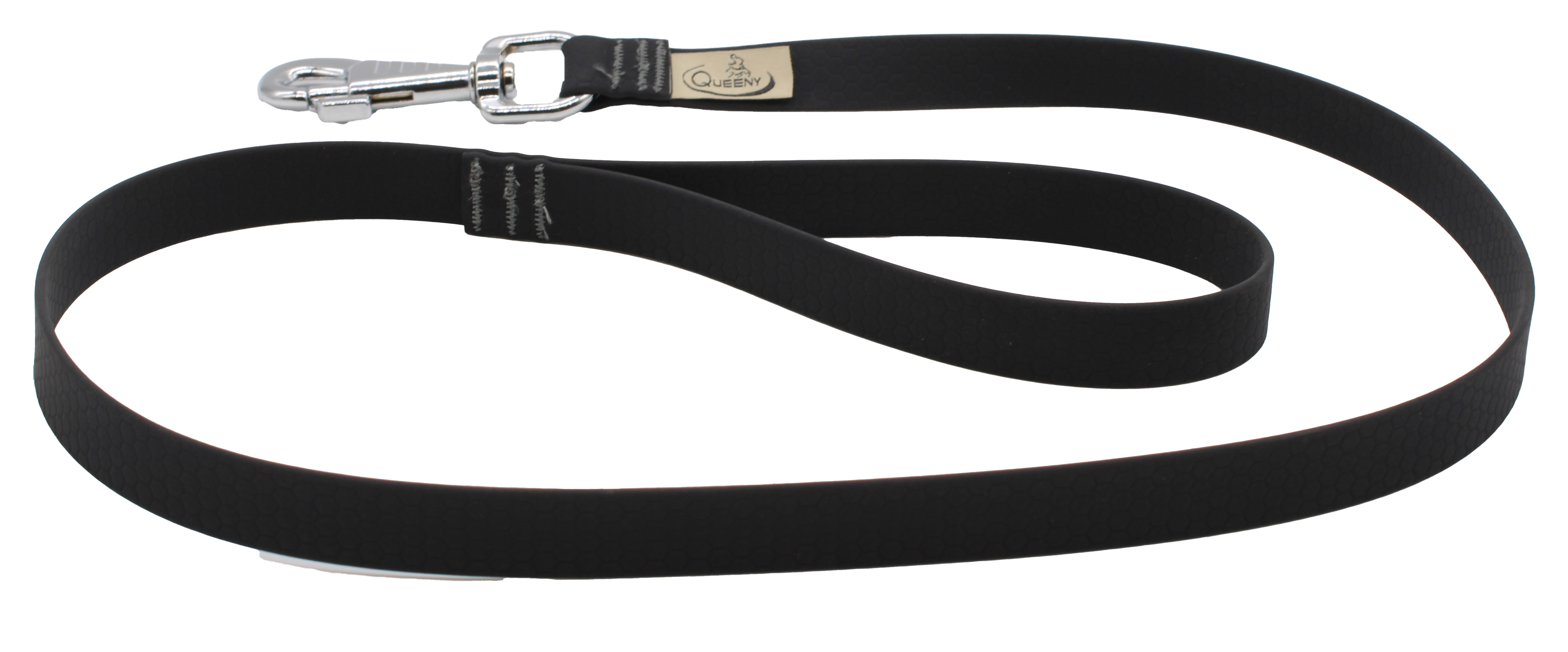 Hundeleine in schwarz mit strukturierter Oberfläche, Metallkarabiner am Ende und kleinem Label nahe dem Verschluss.