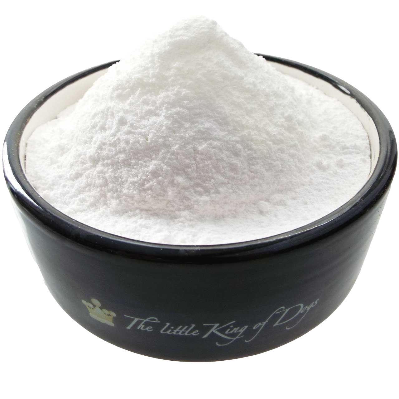 Ein rundes Schälchen mit einem kegelförmigen Haufen feinen, reinweißen Pulvers. Die Oberfläche des Pulvers ist leicht uneben, die Schale glänzt dunkel.