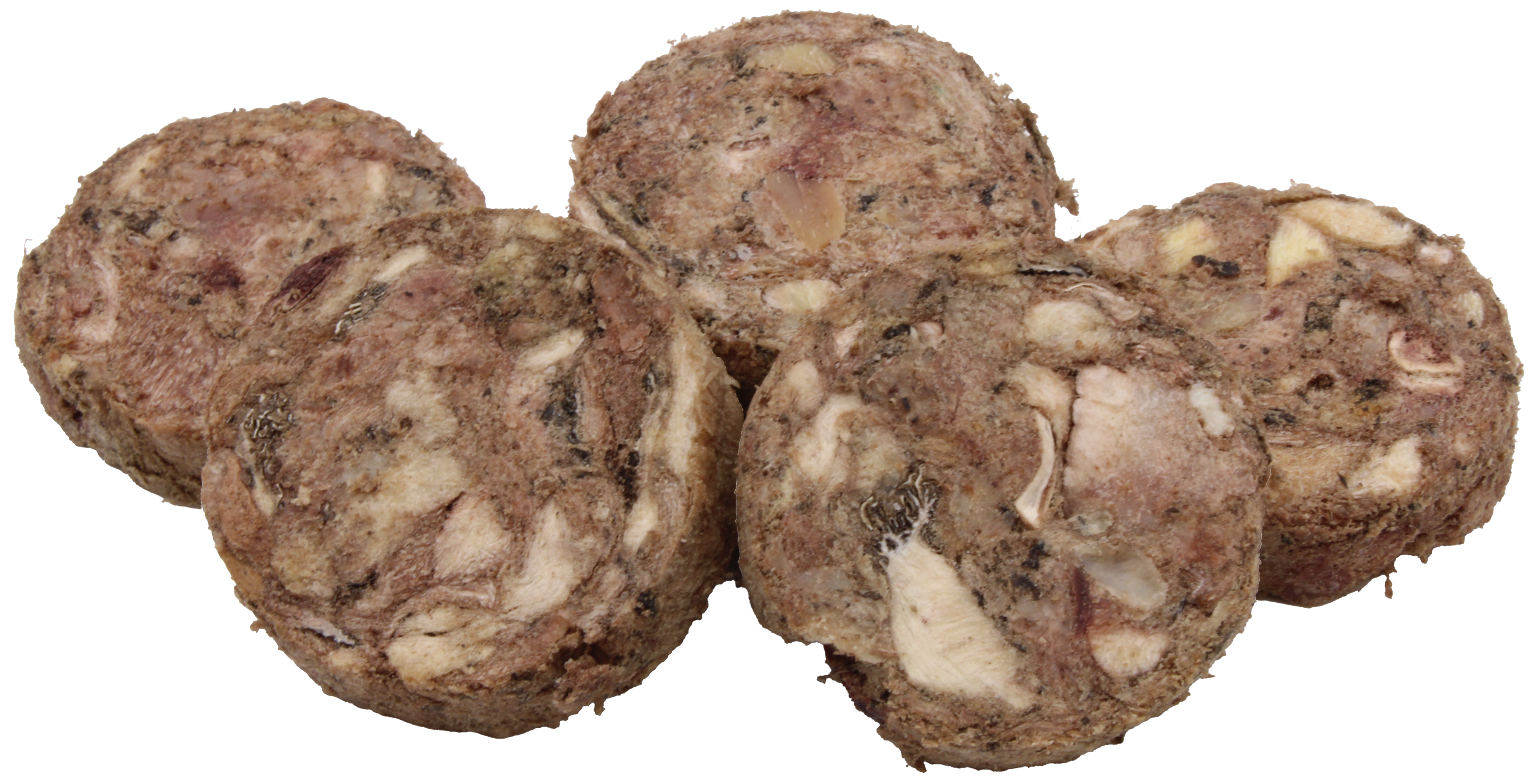 Fünf runde Fleischscheiben mit grober Struktur, sichtbar eingebettete Stücke von Fleisch und Fett, präsentiert auf weißem Untergrund.