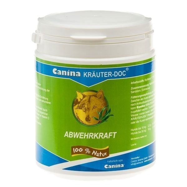 Weiße Dose mit grün-blauer Gestaltung. Aufschrift „Canina KRÄUTER-DOC FELL & HAUT – 100 % Natur“. Abbildung eines Wolfskopfs mit Blättern.