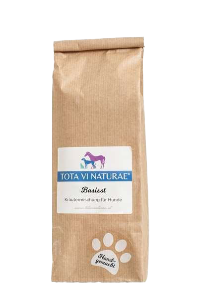 Braune Papiertüte mit Etikett, darauf Illustration eines lilafarbenen Pferdes und zweier blauer Hunde, unten weiße Pfote mit Schriftzug.