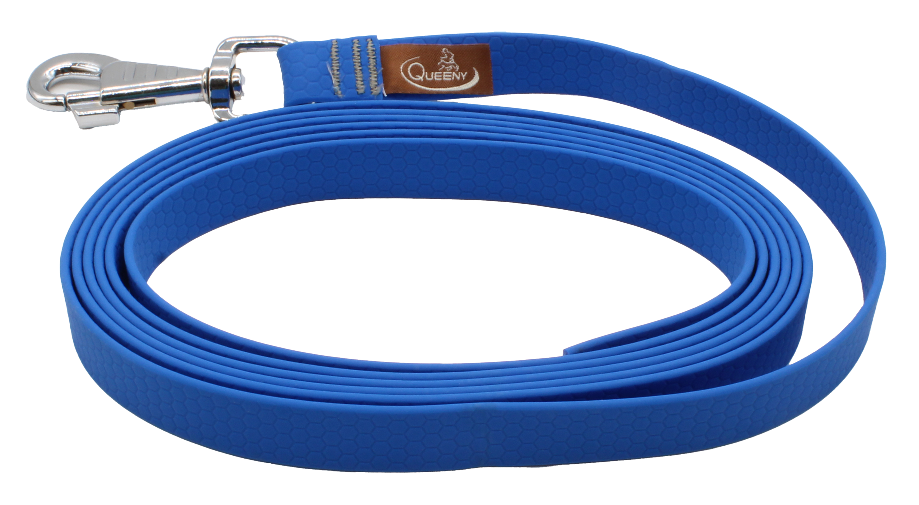 Hundeleine in Blau Farbe mit strukturierter Oberfläche, Metallkarabiner am Ende und kleinem Label nahe dem Verschluss.