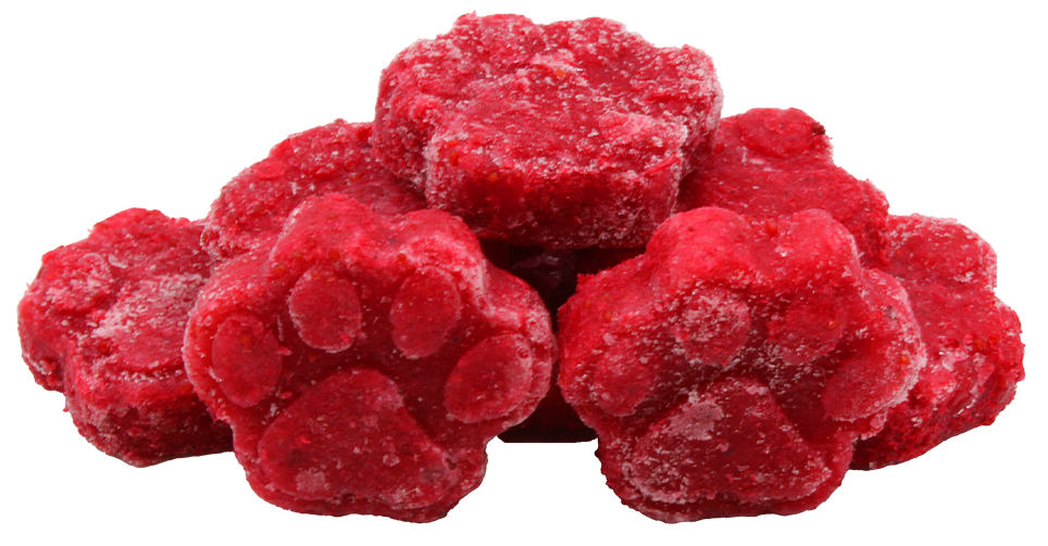 Mehrere gefrorene, leuchtend rote Pfötchen aus pürierten Cranberries, leicht übereinandergestapelt