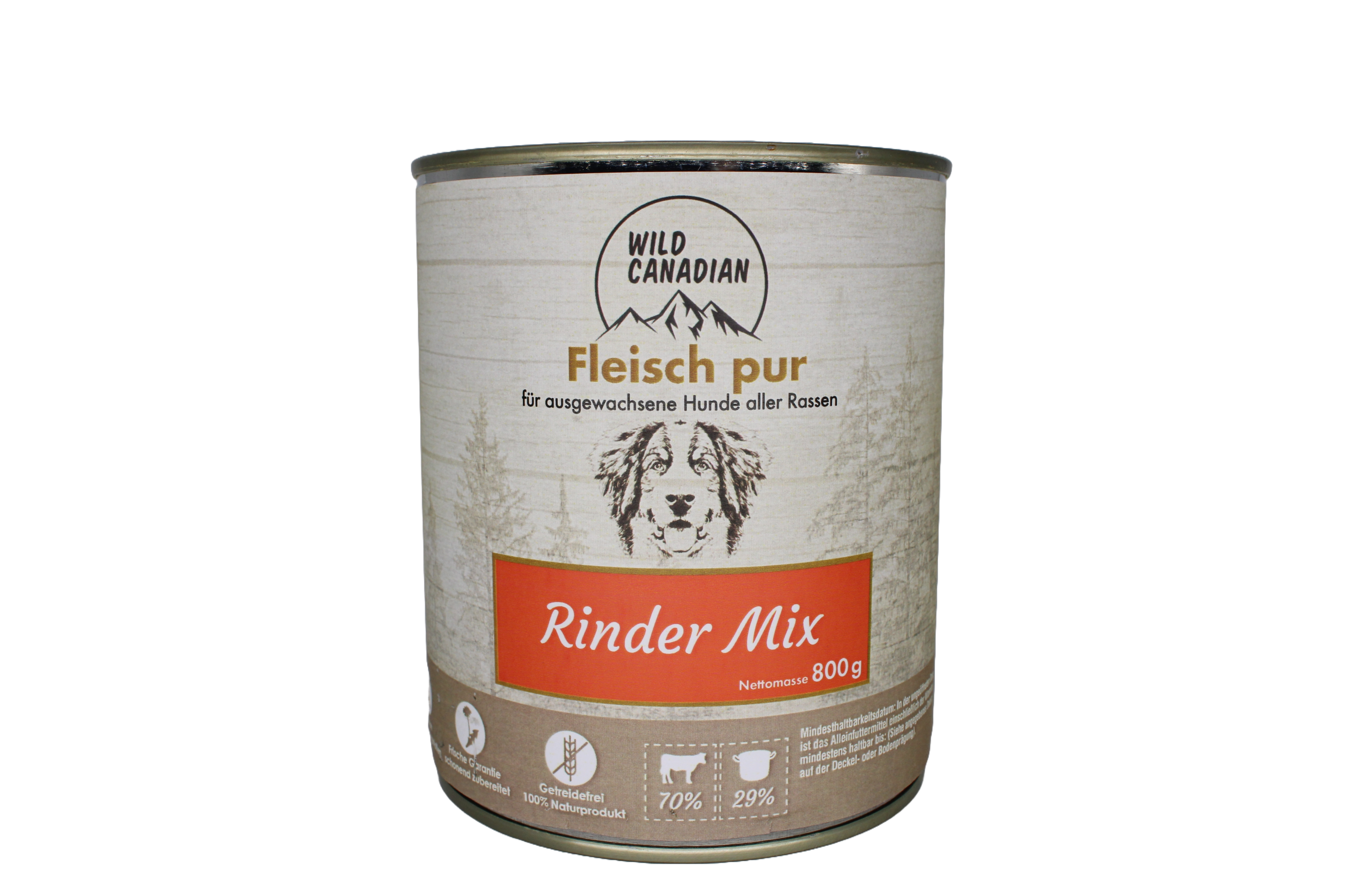 Eine zylindrische Futterdose mit beigem Etikett und der Aufschrift „Wild Canadian – Rinder Mix“. Unten sind ein roter Streifen, Piktogramme und ein Hundekopf zu sehen.
