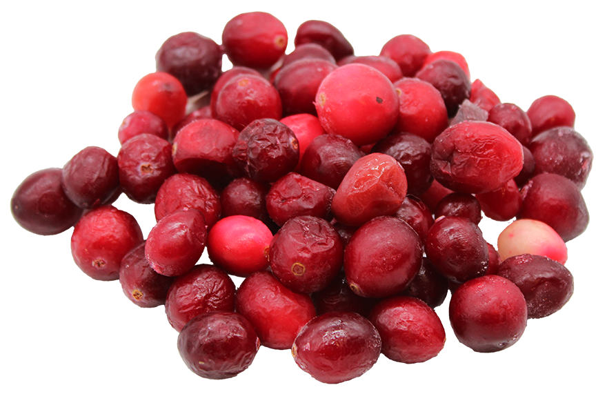 Ein Haufen ganzer, gefrorener Cranberries in kräftigem Rot, mit leicht frostiger Oberfläche