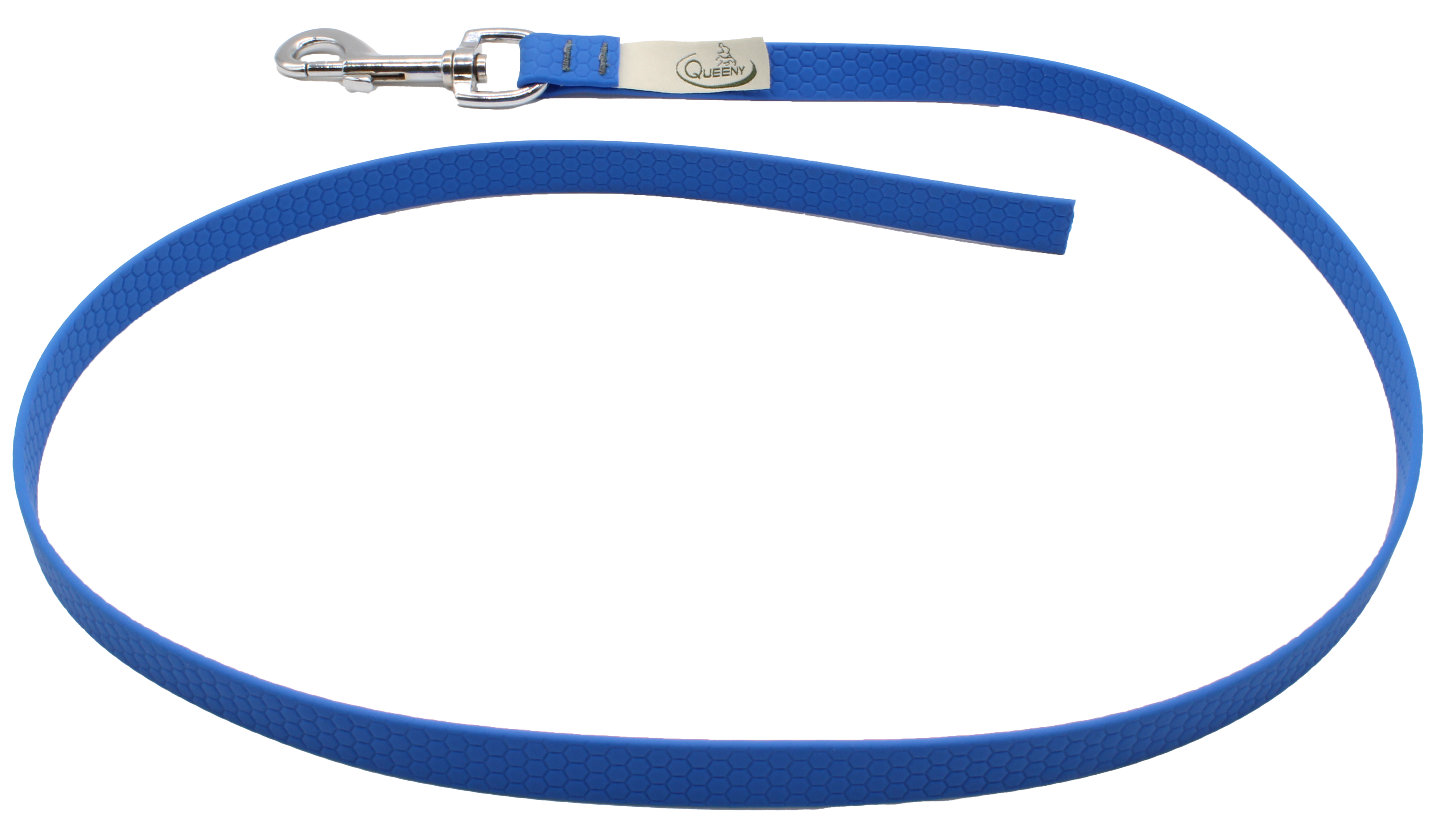 Hundeleine in Blauer Farbe mit strukturierter Oberfläche, Metallkarabiner am Ende und kleinem Label nahe dem Verschluss.