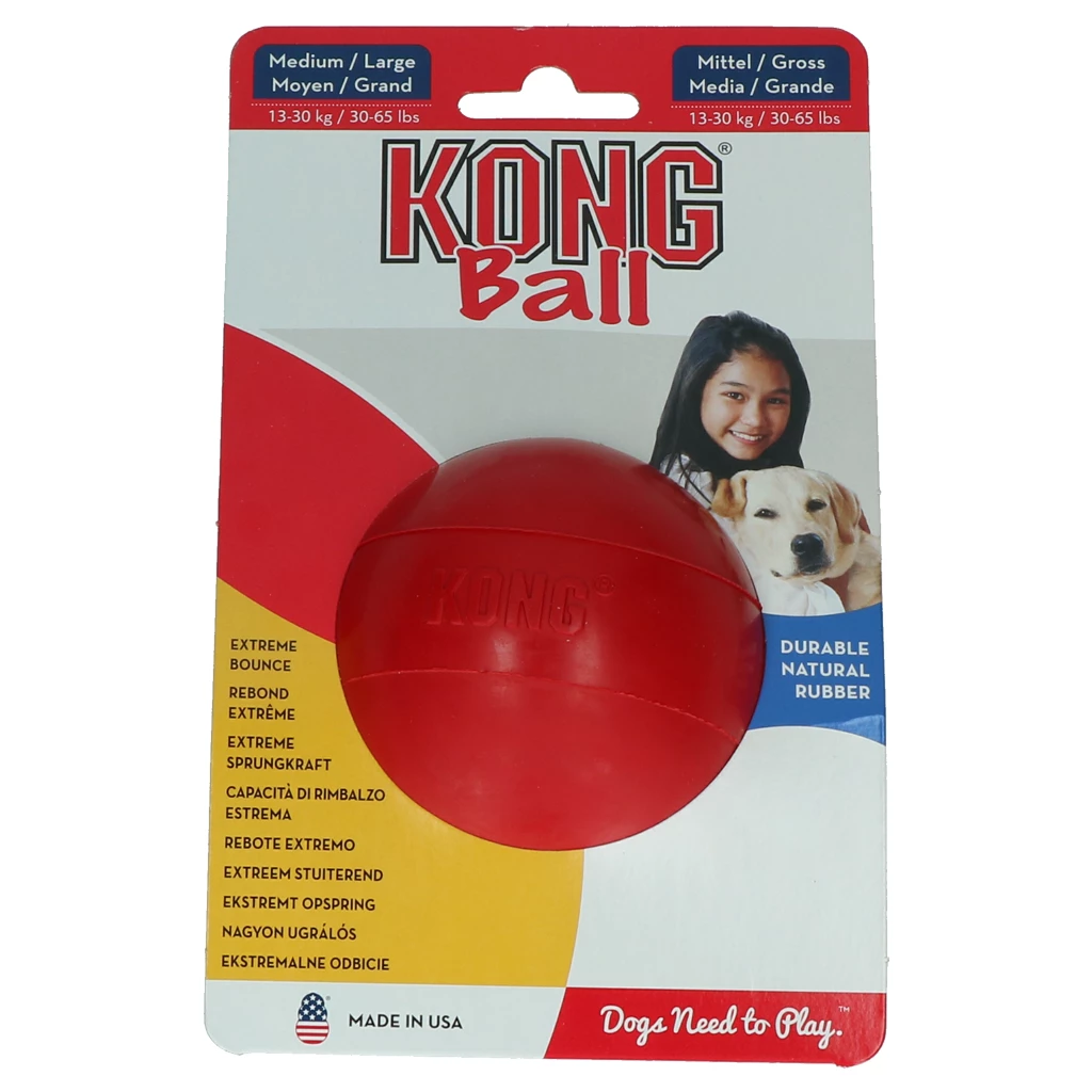 Roter Gummiball mit glatter Oberfläche, präsentiert auf Kartonverpackung. Der Ball wirkt massiv und hat eine leicht glänzende Struktur.