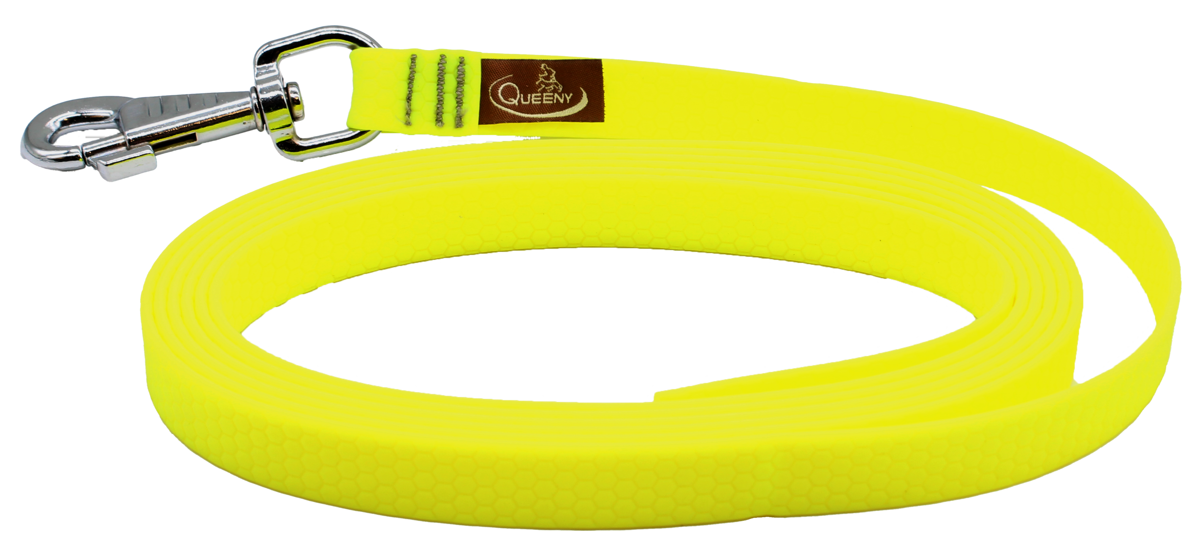 Hundeleine in neongelber Farbe mit strukturierter Oberfläche, Metallkarabiner am Ende und kleinem Label nahe dem Verschluss.