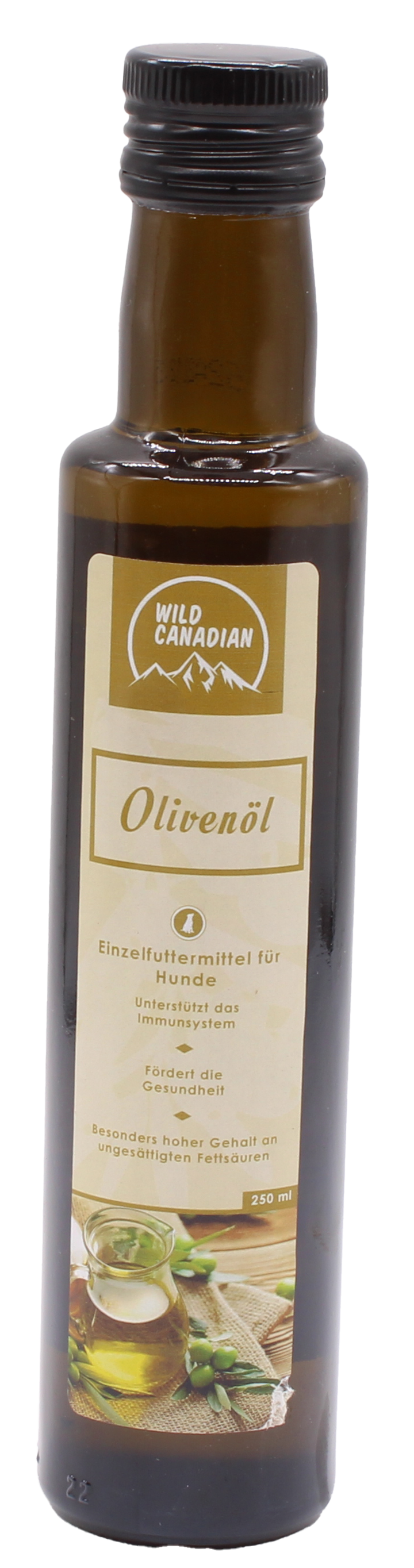 Eine braune Glasflasche mit schwarzem Schraubverschluss und beigem Etikett der Marke „Wild Canadian“. Darauf steht „Olivenöl“. Unten ist ein Bild von Oliven und einer Glasflasche mit Öl.