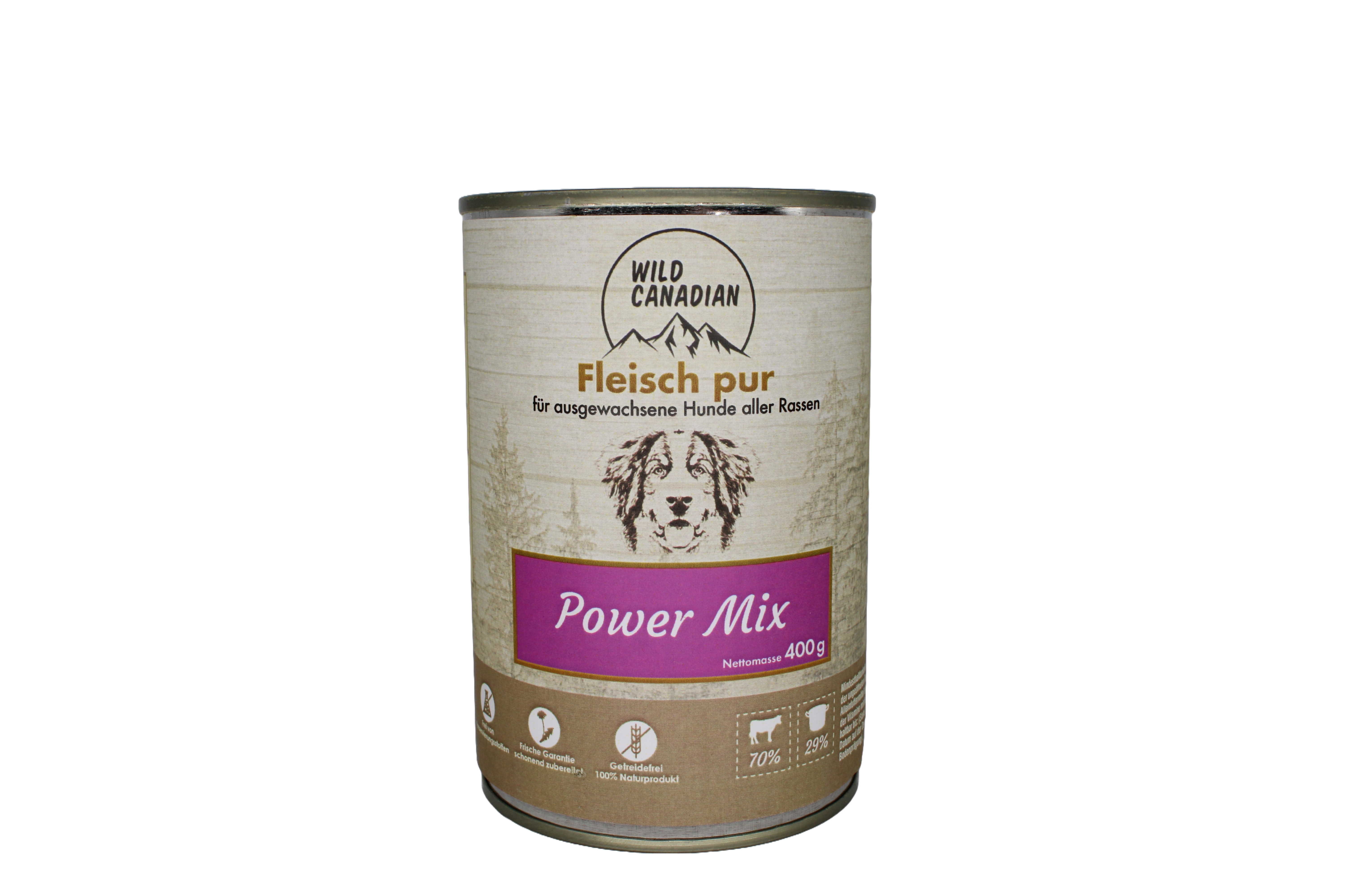 Eine zylindrische Futterdose mit beigem Etikett und der Aufschrift „Wild Canadian – Power Mix“. Unten sind ein lilafarbener Streifen, ein gezeichneter Hundekopf und Symbole abgebildet.