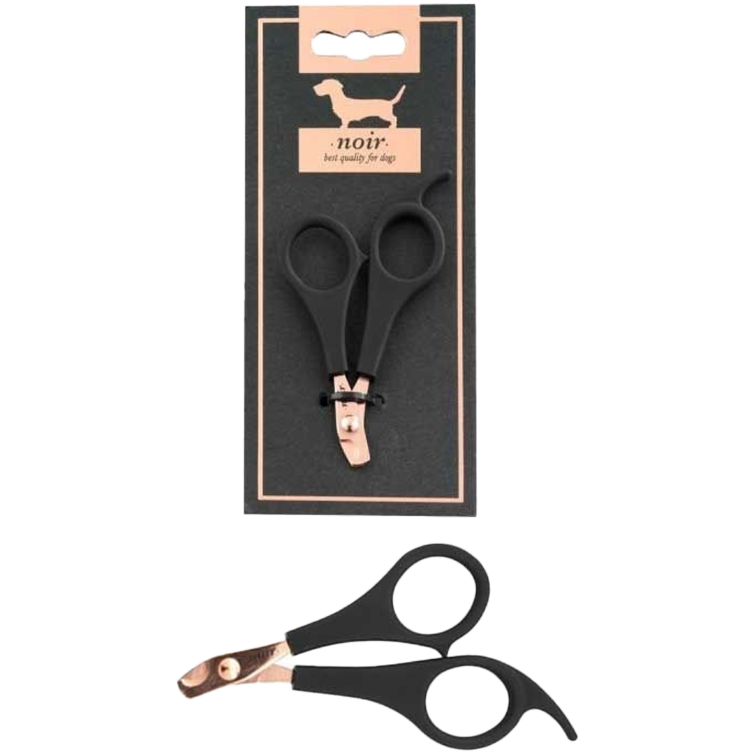 Krallenclipper in Schwarz und Kupfer, einmal lose und einmal in Verpackung mit Hundegrafik dargestellt.
