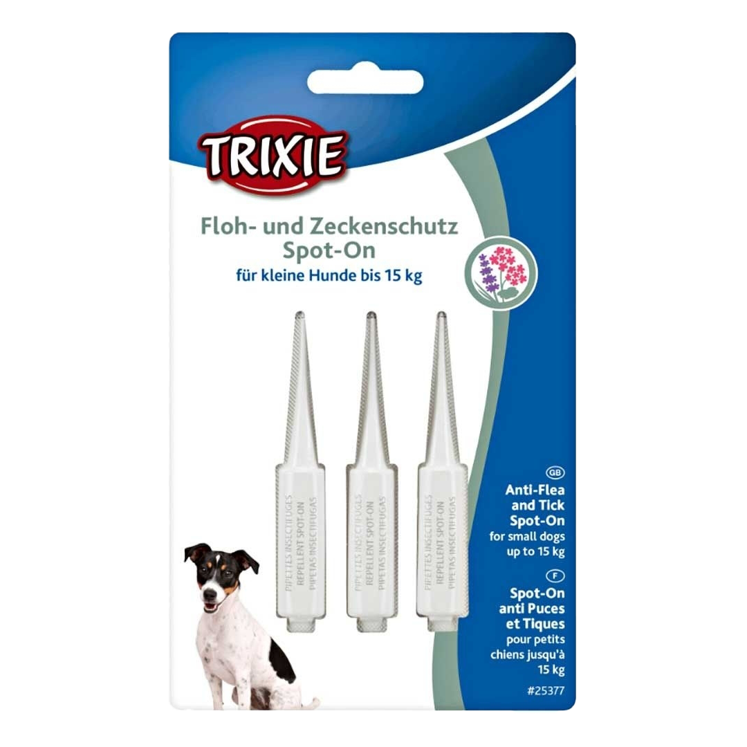 Verpackung mit Bild eines kleinen Hundes, drei Applikatoren sichtbar, Etikett in Blau- und Weißtönen mit mehrsprachiger Beschriftung.