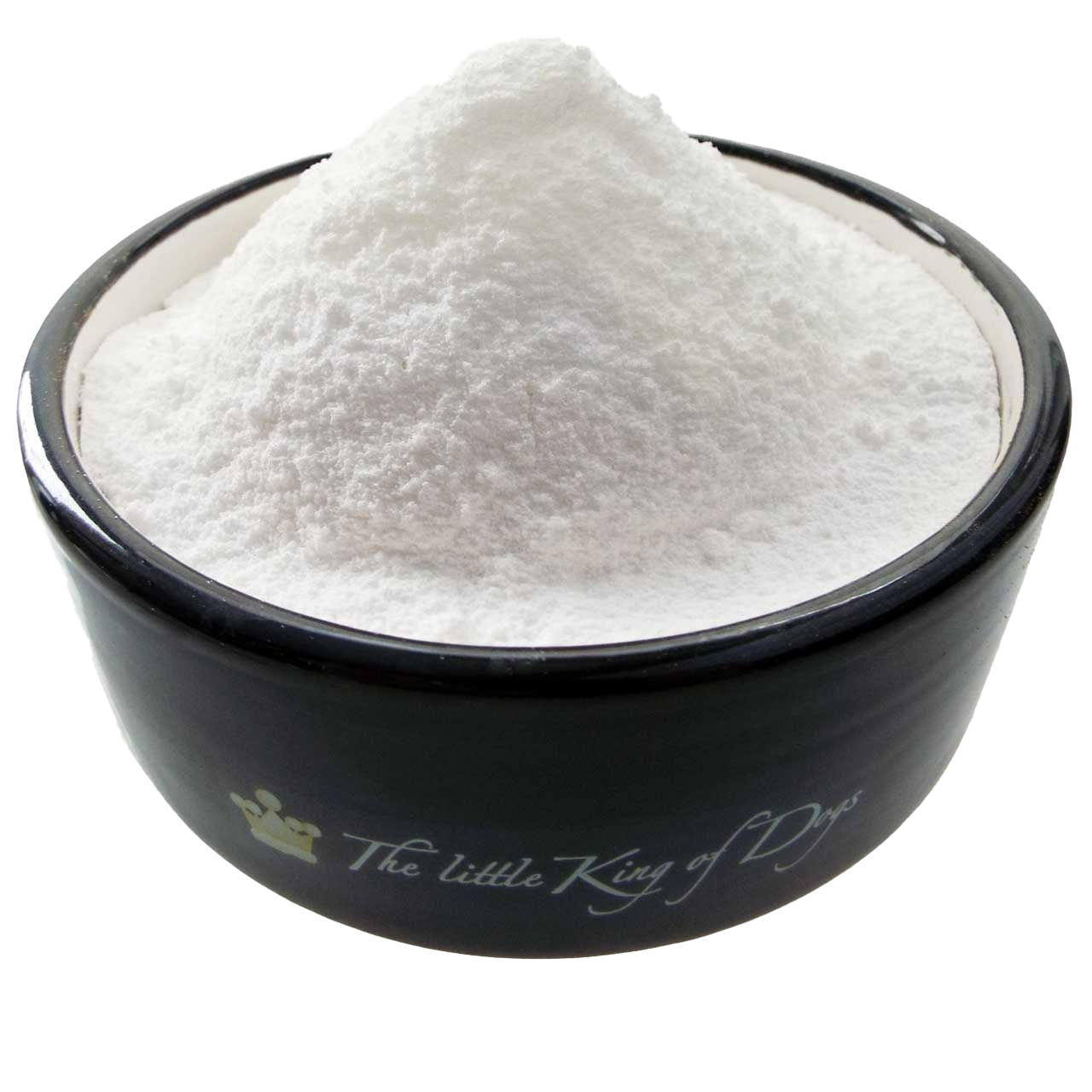 Ein schwarzer Napf mit weißem Innenrand, gefüllt mit feinem, reinweißem Pulver, kegelförmig aufgeschüttet. Die Schale hat eine glänzende Oberfläche und runde Form.