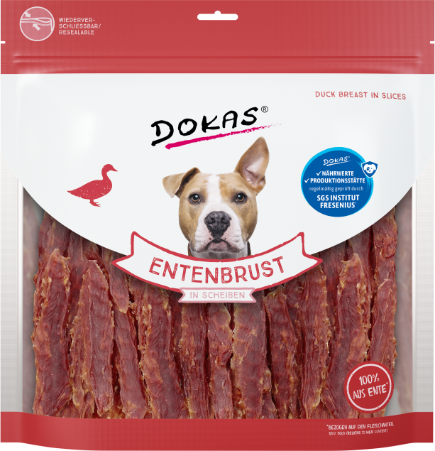Rot-weiße Verpackung mit sichtbaren Scheiben aus Entenbrust durch transparenten Bereich; Hund auf der Vorderseite, Beutel mit Zip-Verschluss.