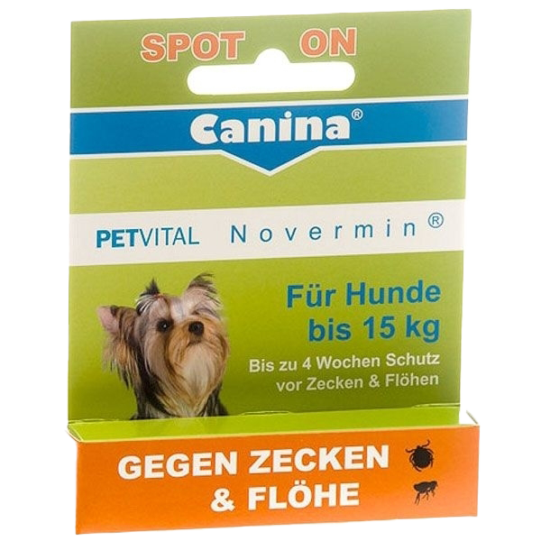 Verpackung mit Aufschrift „Canina PETVITAL Novermin – Für Hunde bis 15 kg“. Text: „Spot-on gegen Zecken & Flöhe – bis zu 4 Wochen Schutz“.