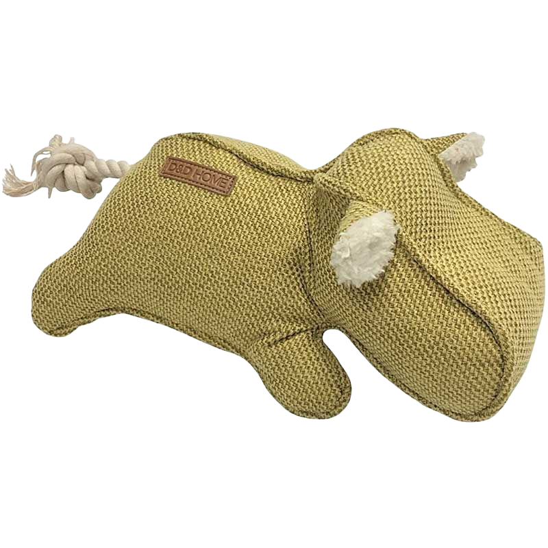 Gelbes Stoff-Hundespielzeug in Form eines Nilpferds mit weißen Innenseiten an Ohren und Schwanz.