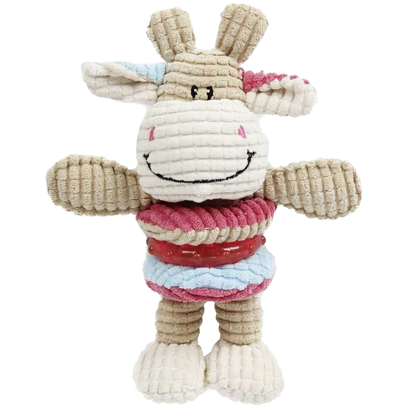 Plüschspielzeug in Kuhform aus geripptem Stoff, beige mit rosa, blauen und roten Akzenten, gesticktes Gesicht, bunte Ringe am Körper