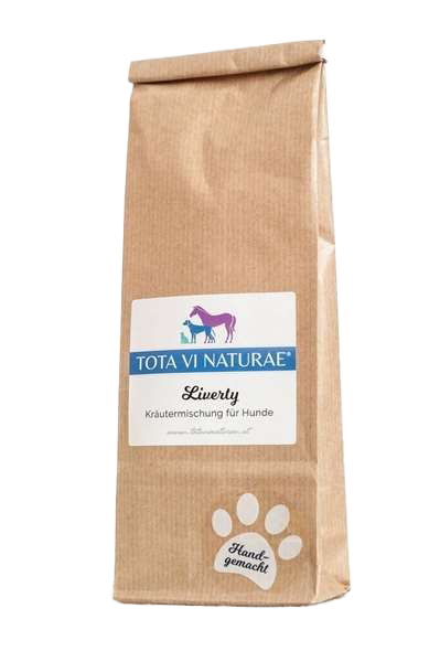 Braune Papiertüte mit Etikett, darauf Illustration eines lilafarbenen Pferdes, eines blauen Hundes und einer blauen Katze, unten weiße Pfote mit Schriftzug.