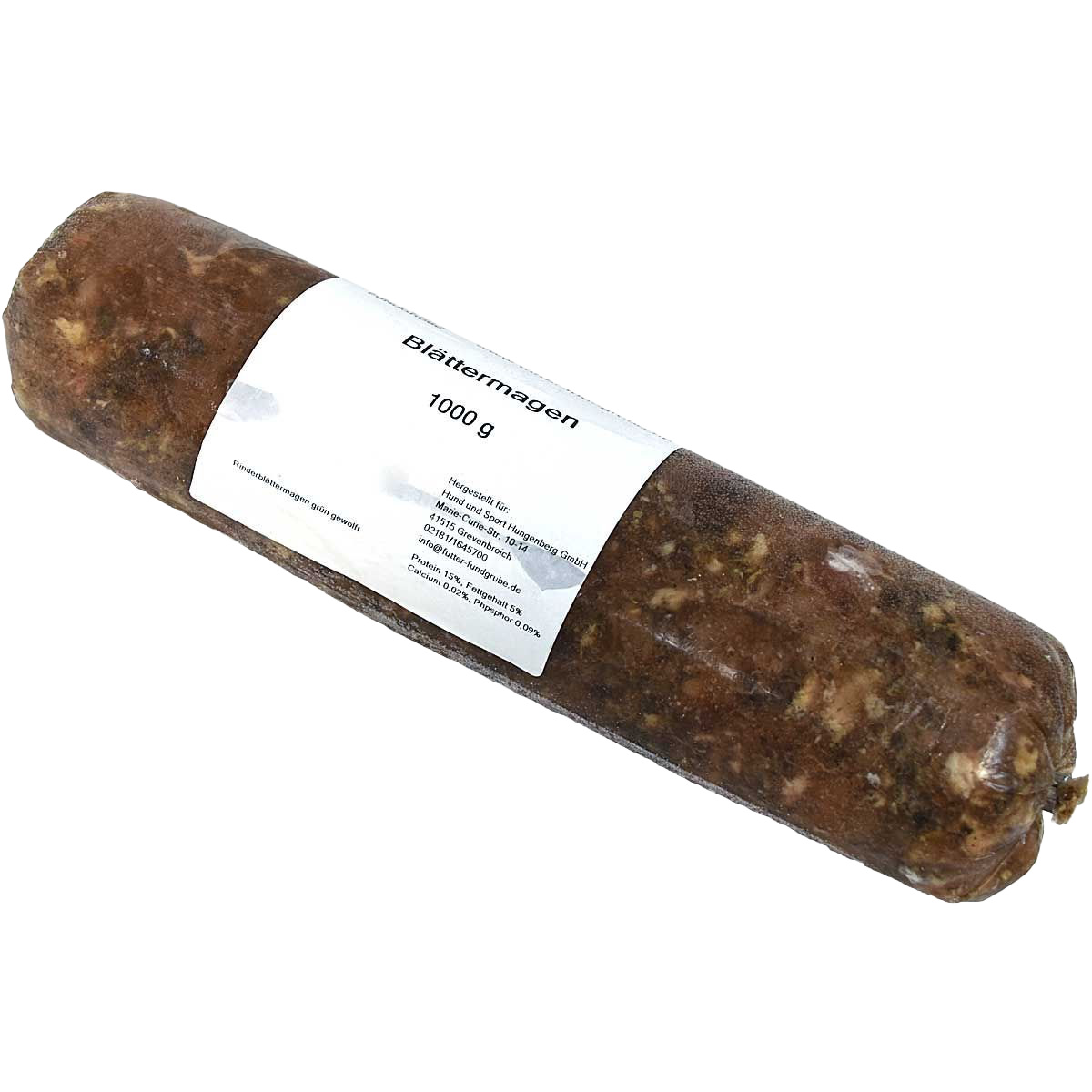Blättermagen 7 x 1000 g Eine Frostfleischrolle mit weißem Etikett und der Aufschrift „Blättermagen“. Verpackt in einem nicht essbaren Kunstdarm. Die Füllung ist bräunlich, fein bis grob gewolft und unregelmäßig durchzogen.