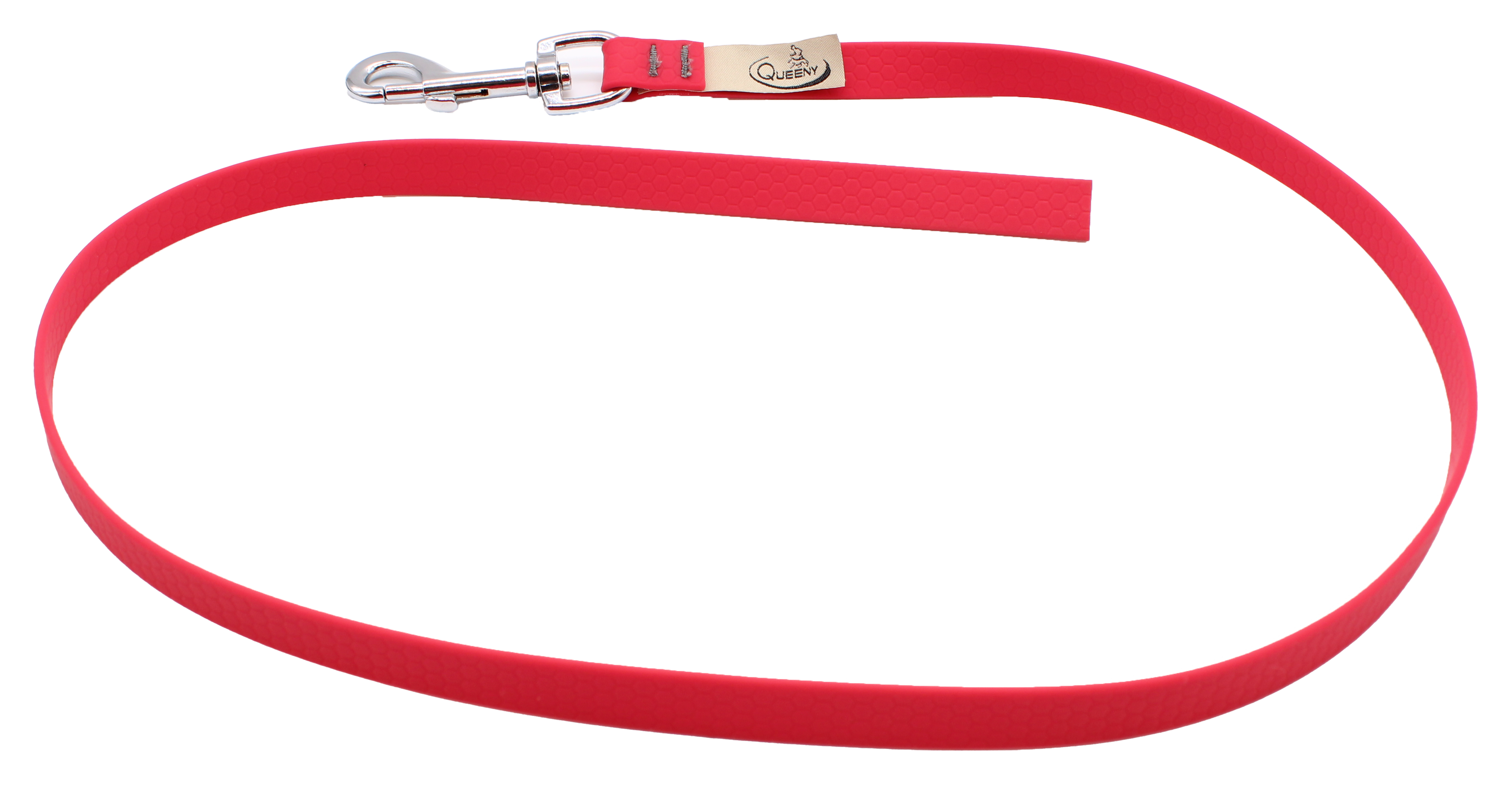 Hundeleine in Magenta Farbe mit strukturierter Oberfläche, Metallkarabiner am Ende und kleinem Label nahe dem Verschluss.