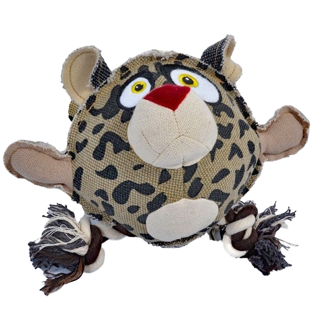 Stoff-Hundespielzeug in Leopardenform mit rundem Körper, großen Ohren, roter Nase, gelben Augen und seilartigen Gliedmaßen.