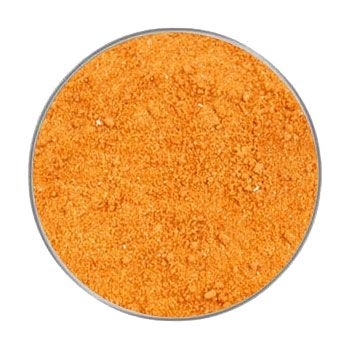 Ein leuchtend orangefarbenes Pulver mit feinkörniger, gleichmäßiger Struktur. Die kreisförmige Darstellung zeigt das Produkt in Draufsicht.