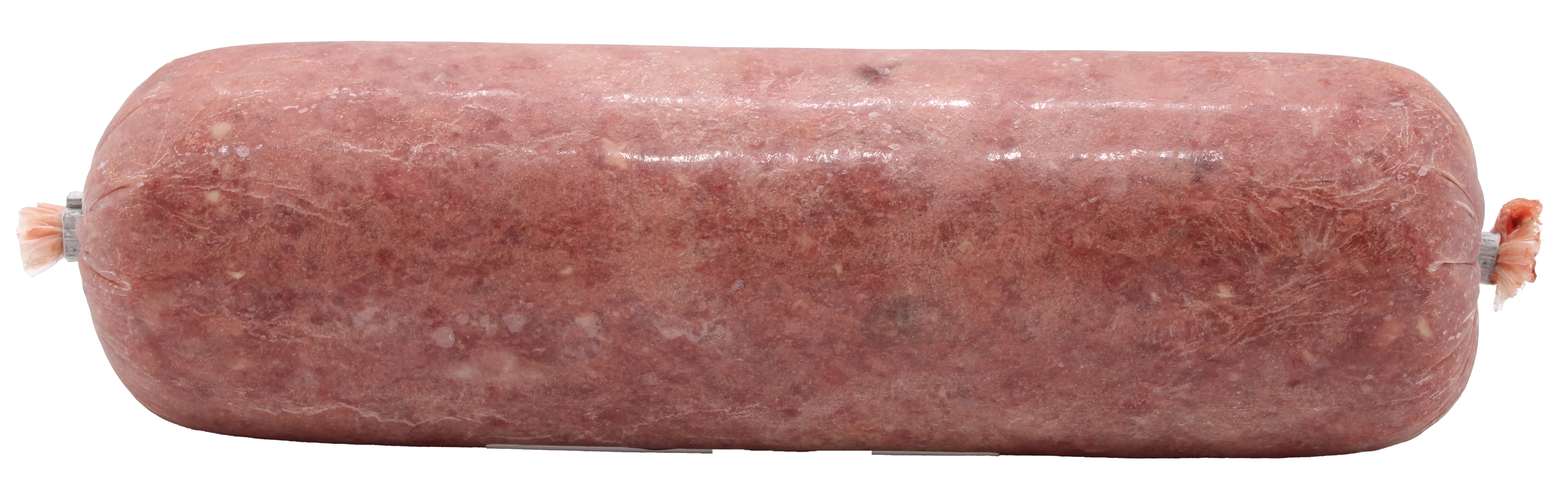 Eine Frostfleischrolle ohne Etikett in durchsichtigem Kunstdarm. Die Füllung ist fein gewolft, gleichmäßig strukturiert und zeigt eine hellrotbraune Farbe mit kleinen, hellen Fettanteilen.
