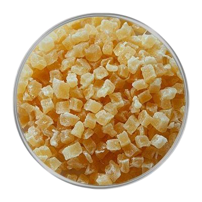 Ein Haufen kleiner, gleichmäßig geschnittener Mangowürfel in leuchtendem Gelb-Orange mit halbtransparenter, leicht glänzender Oberfläche.