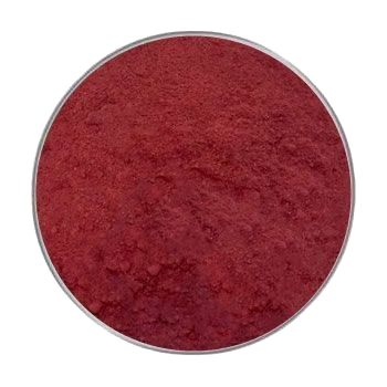 Ein fein gemahlenes Pulver in intensivem Rot, gleichmäßig verteilt in einem runden Behälter mit glatter Oberfläche und leicht körniger Struktur.