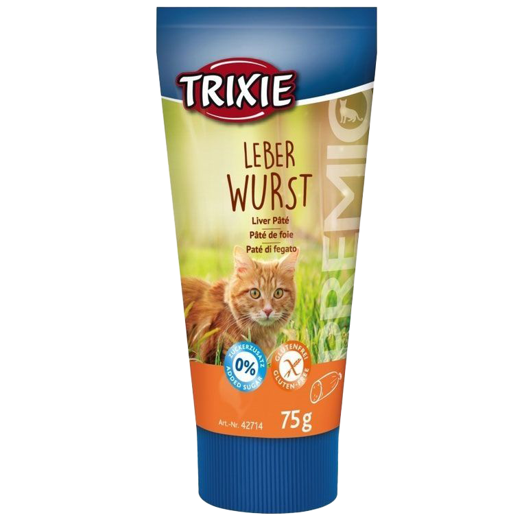 Tube mit orangefarbenem Farbverlauf, Bild einer Katze im grünen Gras, silberner Verschluss; Gestaltung mit weißen und blauen Elementen.