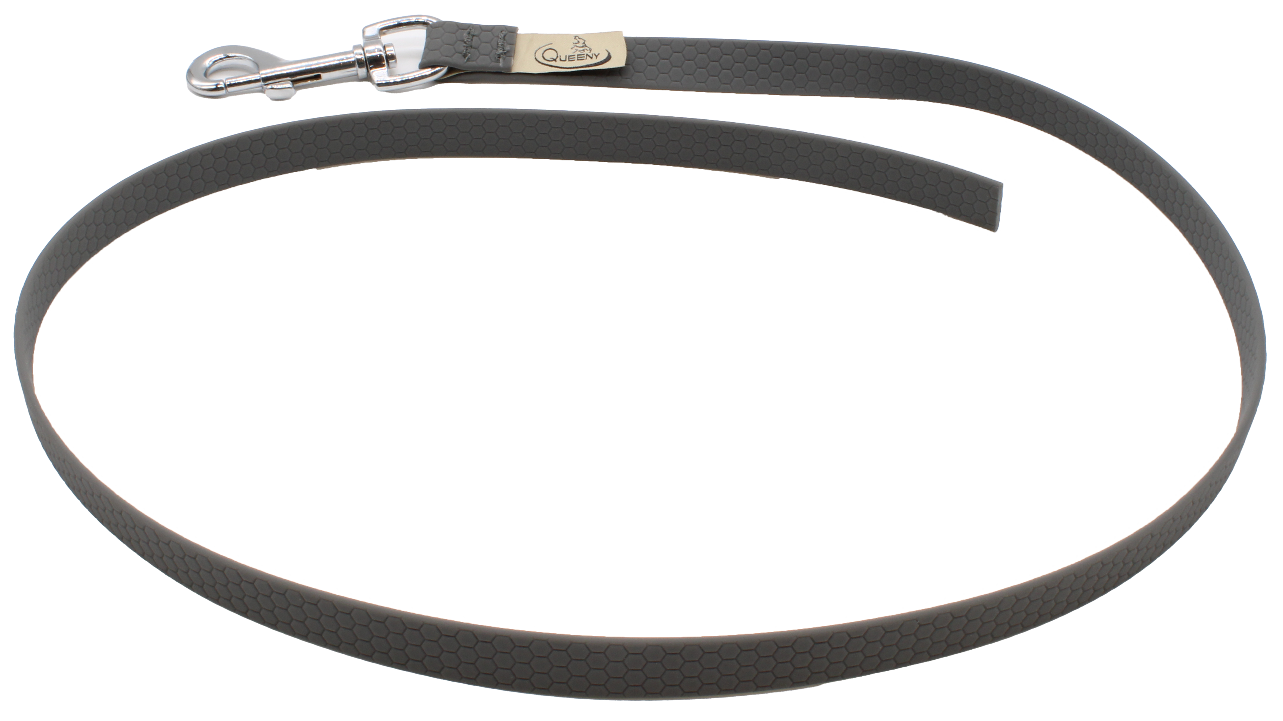 Hundeleine in Grauer Farbe mit strukturierter Oberfläche, Metallkarabiner am Ende und kleinem Label nahe dem Verschluss.
