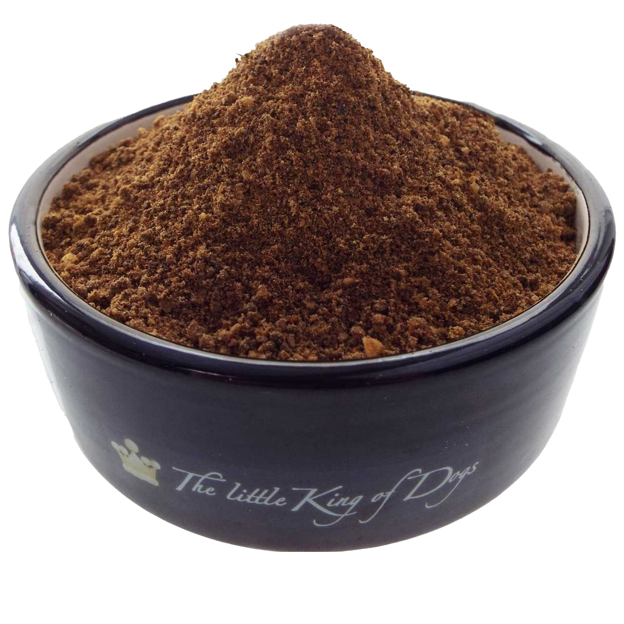 Ein schwarzer Keramiknapf, befüllt mit einem kegelförmig aufgeschütteten, mittelbraunen Pulver mit grober, leicht krümeliger Struktur und mattem Erscheinungsbild.