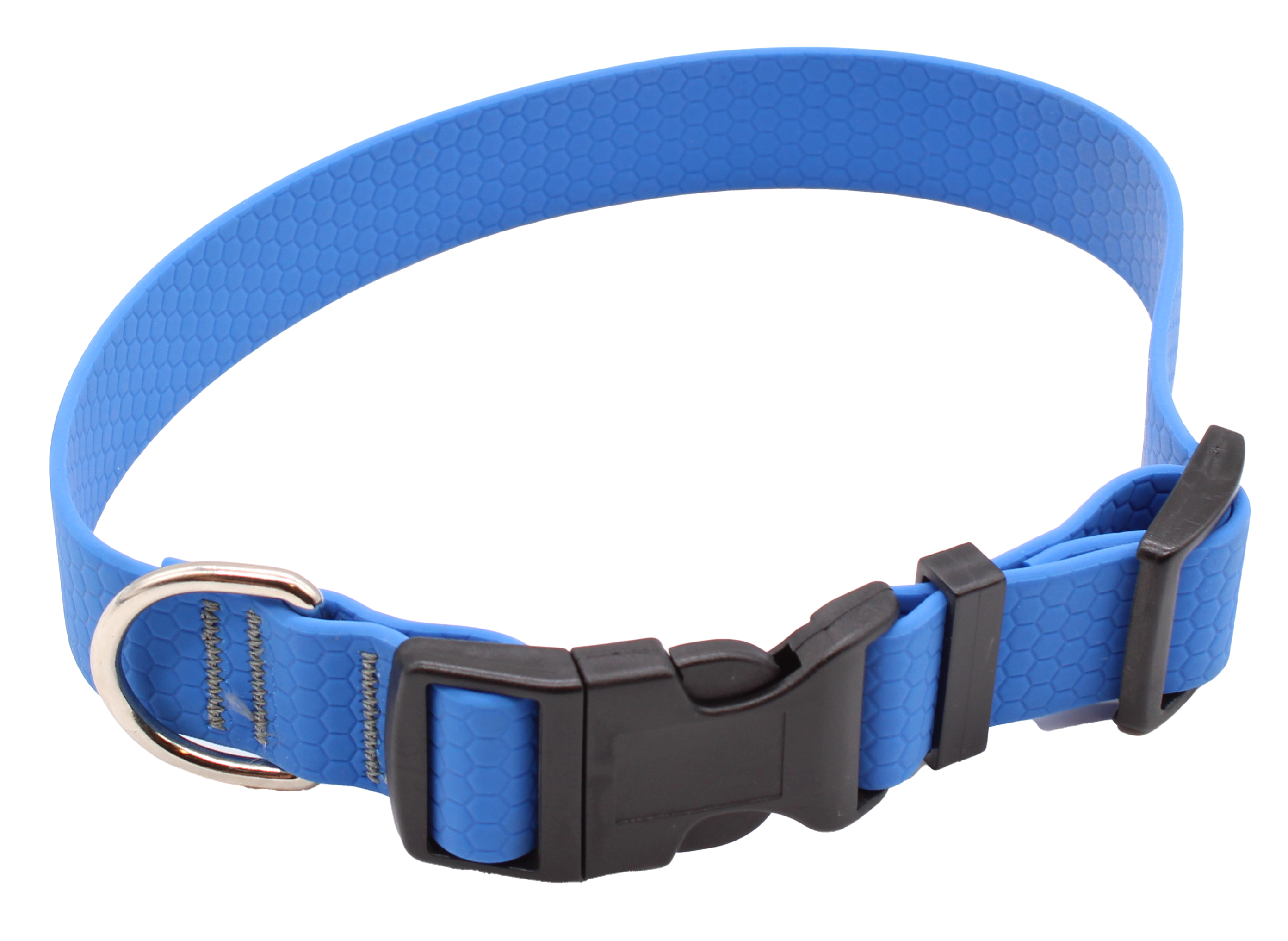 Hundehalsband mit verstellbarem Riemen, Kunststoffschnalle und Metallring, strukturierte Oberfläche, Farbe: Blau.
