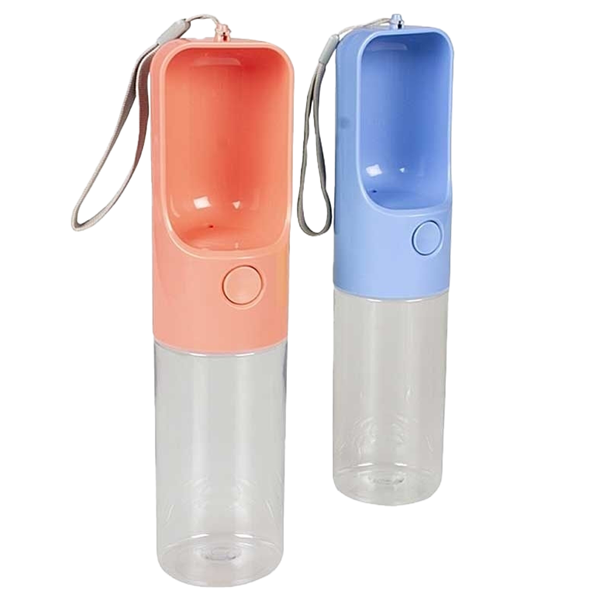 Zwei tragbare Trinkflaschen mit integriertem Wasserspender-Aufsatz und Handschlaufe, eine in Apricot und eine in Blau, jeweils mit transparentem Unterteil und rundem Bedienknopf an der Vorderseite.