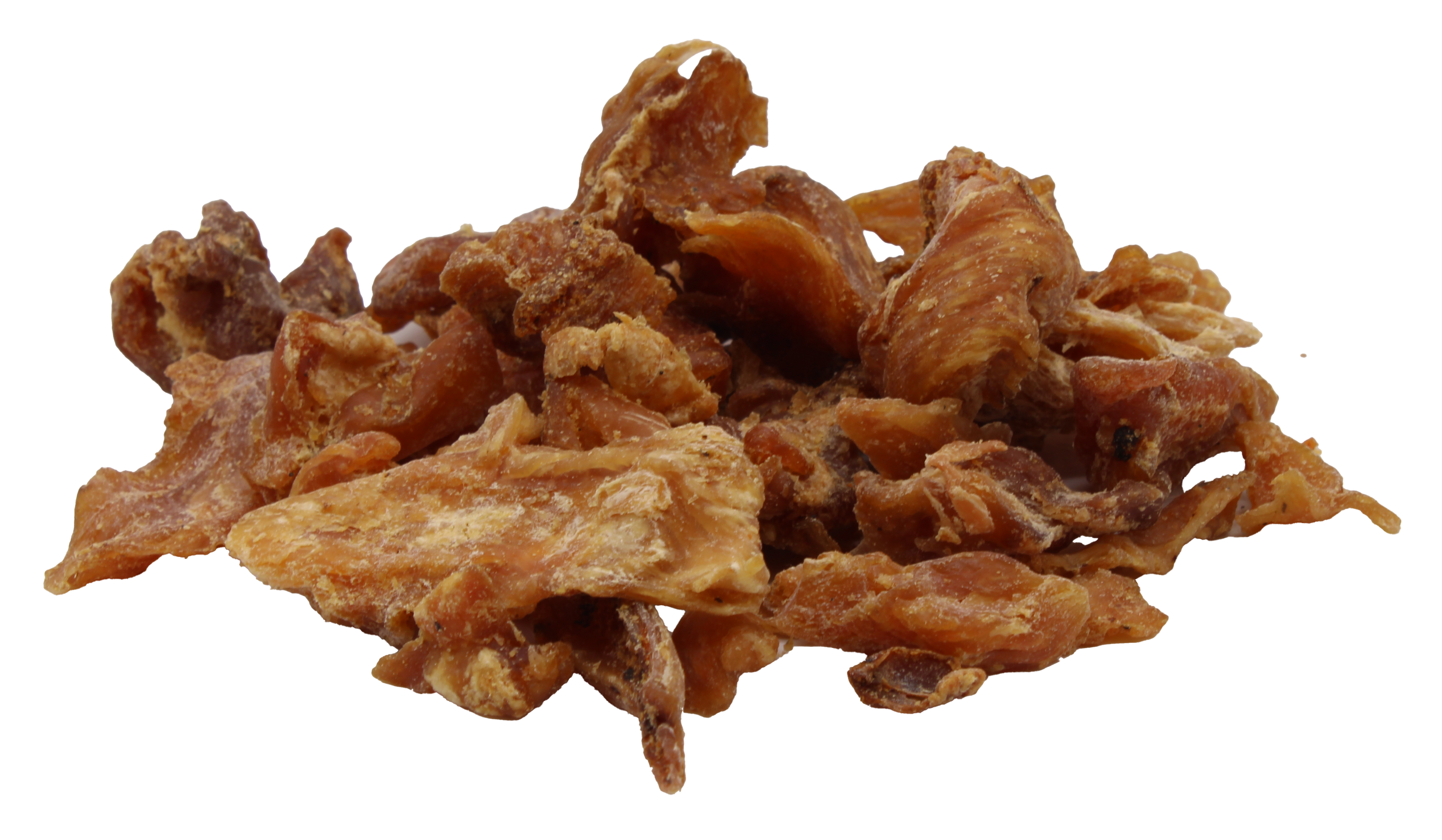 Ein Haufen braun-orangefarbener Filetstücke aus getrockneter Hühnerbrust mit unregelmäßiger Form, faseriger Struktur und matter Oberfläche, locker auf einem hellen Untergrund liegend.