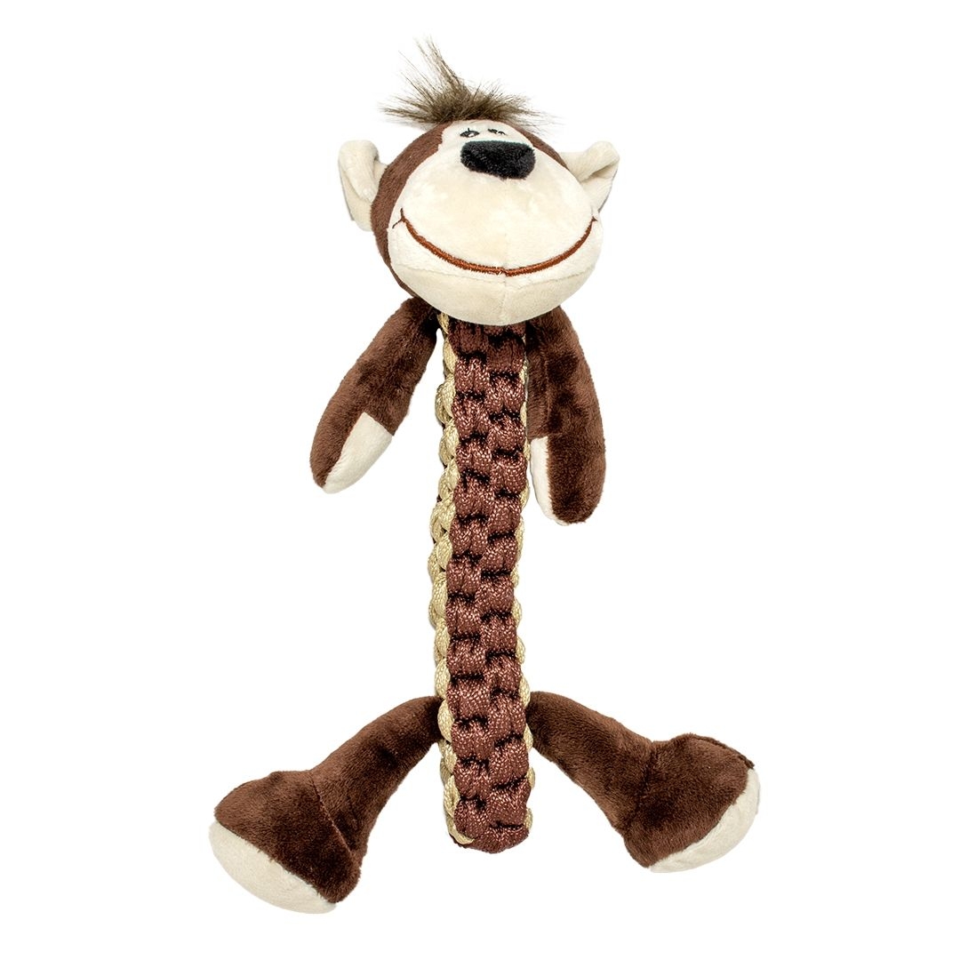 Hundespielzeug in Affenform mit braunem Plüschkopf, beigem Gesicht, geflochtenem Seilkörper in Braun-Beige und weichen Plüscharmen und -beinen.