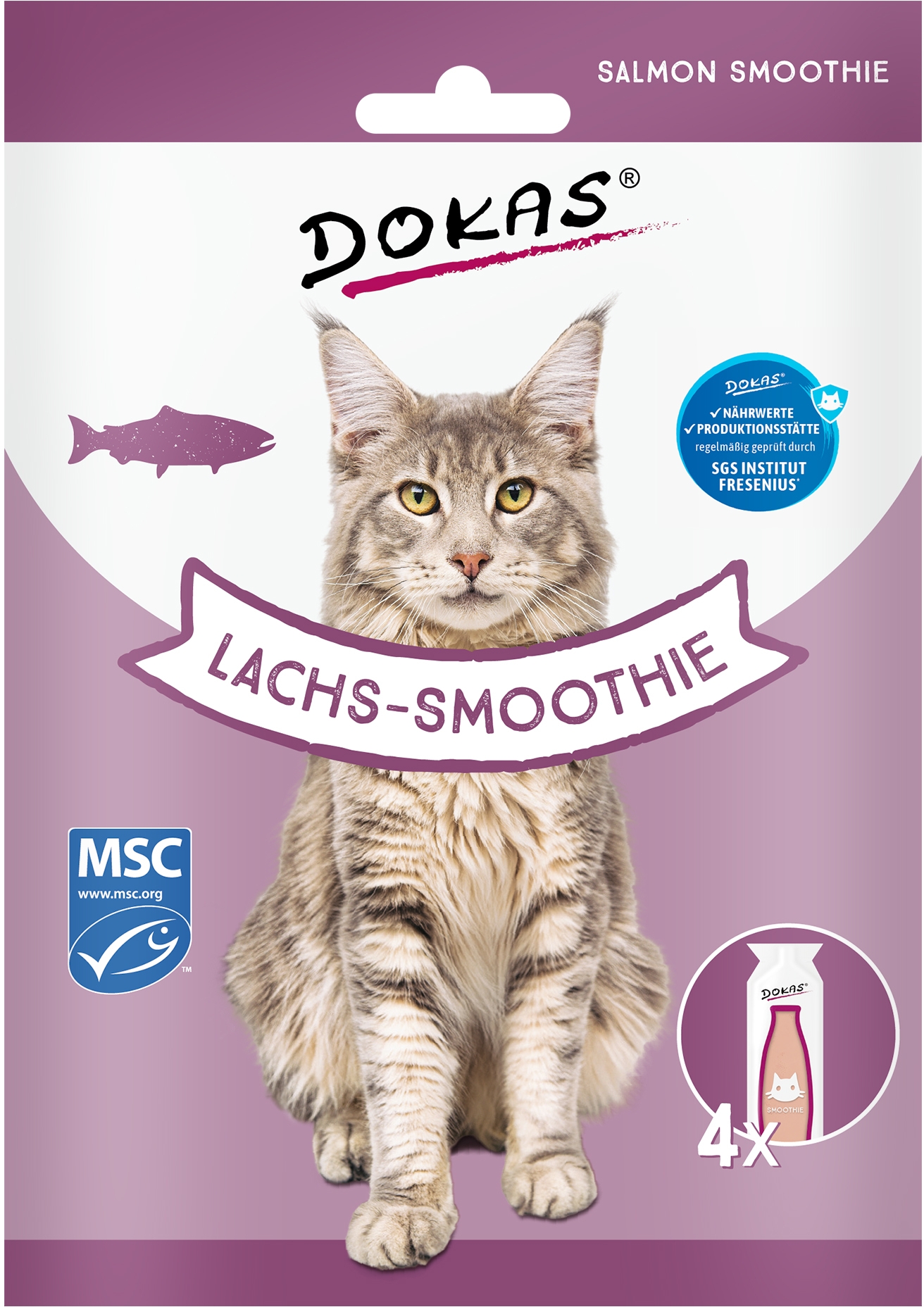 Eine lila-weiße Verpackung des Produkts „Dokas Lachs-Smoothie“ mit dem Bild einer Katze auf der Vorderseite. Links ist ein Fischsymbol und unten rechts eine kleine Flaschenabbildung mit der Aufschrift „4x“