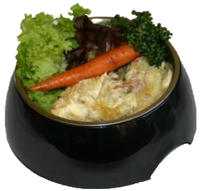 Ein schwarzer Futternapf mit mehreren ganzen, gelblichen Eintagsküken, garniert mit einer Möhre, grünen Salatblättern und Petersilie. Inhalt liegt locker im Napf.