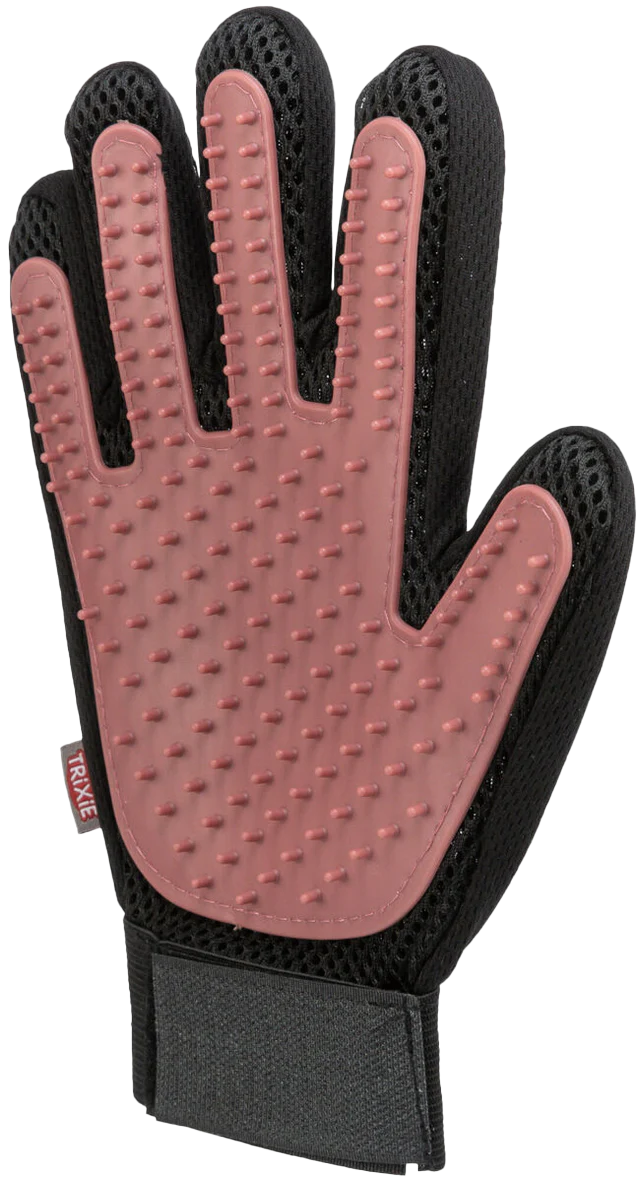 Schwarzer Fellpflege-Handschuh mit rosa Noppenfläche auf der Handinnenseite; Rückseite aus Netzmaterial, Klettverschluss am Handgelenk.