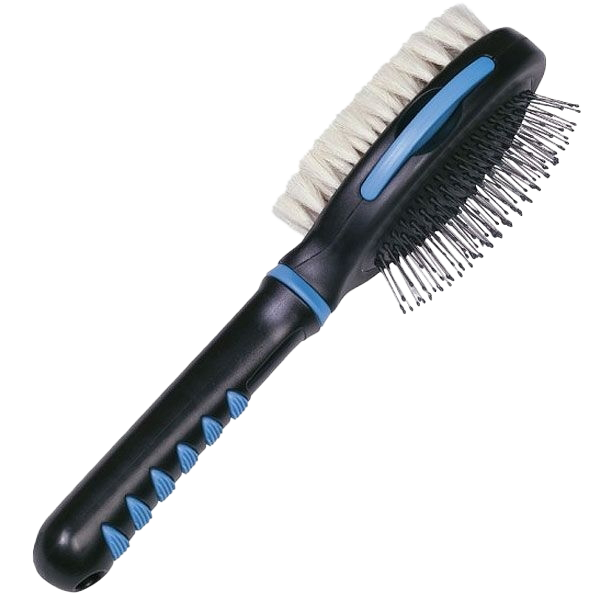 Zweiseitige Bürste mit schwarzem Griff und blauen Akzenten, eine Seite mit weißen Borsten, die andere mit Metallstiften mit abgerundeten Spitzen.