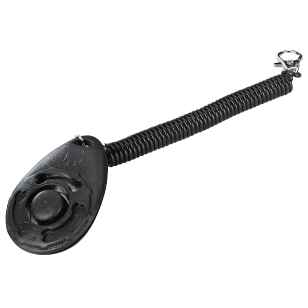 Schwarzer, ovaler Klicker mit zentralem Knopf für Hundetraining; befestigt an spiralförmiger, elastischer Schnur mit Metallclip am Ende.