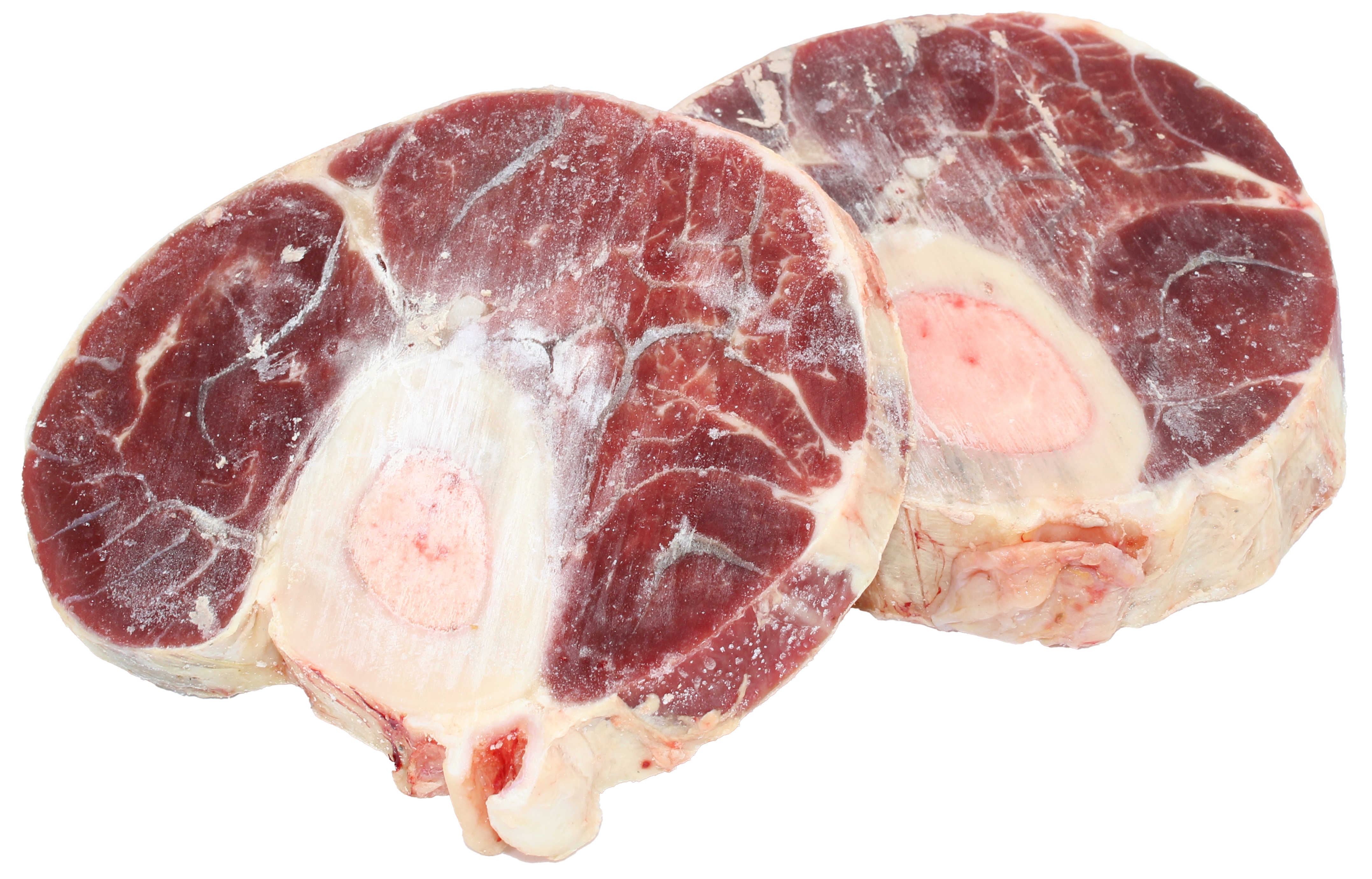 Zwei rohe Beinscheiben vom Rind mit sichtbarem Knochenmark auf weißem Hintergrund