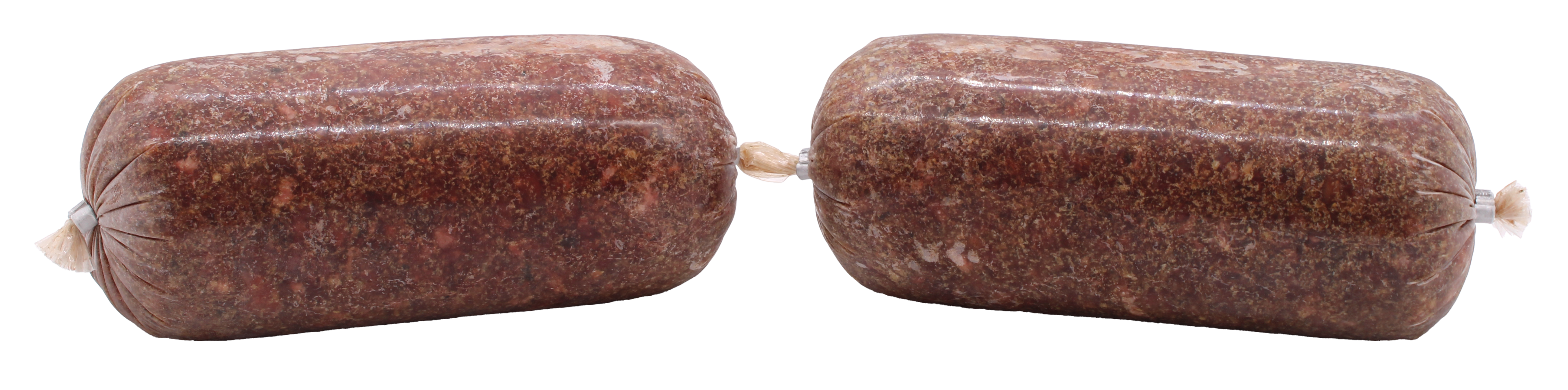 Zwei Frostfleischrollen ohne Etikett in durchsichtigem Kunstdarm. Die Füllung ist grob gewolft, mit dunkelbraun-rötlicher Farbe und sichtbaren hellen sowie grünlichen Fleisch- und Pflanzenbestandteilen.